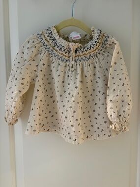 Smocked Floral Cream Long-Sleeve Top for Kids